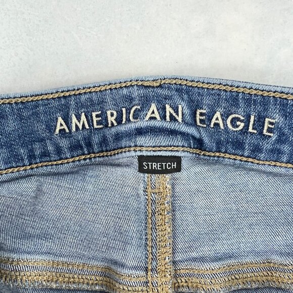 American Eagle Jean Women 32x29 Super Hi Rise Flare Blue Distressed Denim Tag 12 - Picture 7 of 16